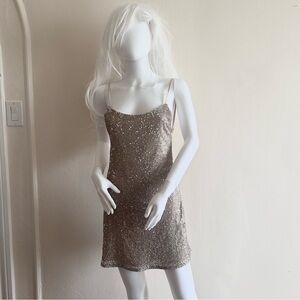 Nasty Gal Collection Champagne Gold Sequin Mini Dress - Adjustable Open Back - 6
